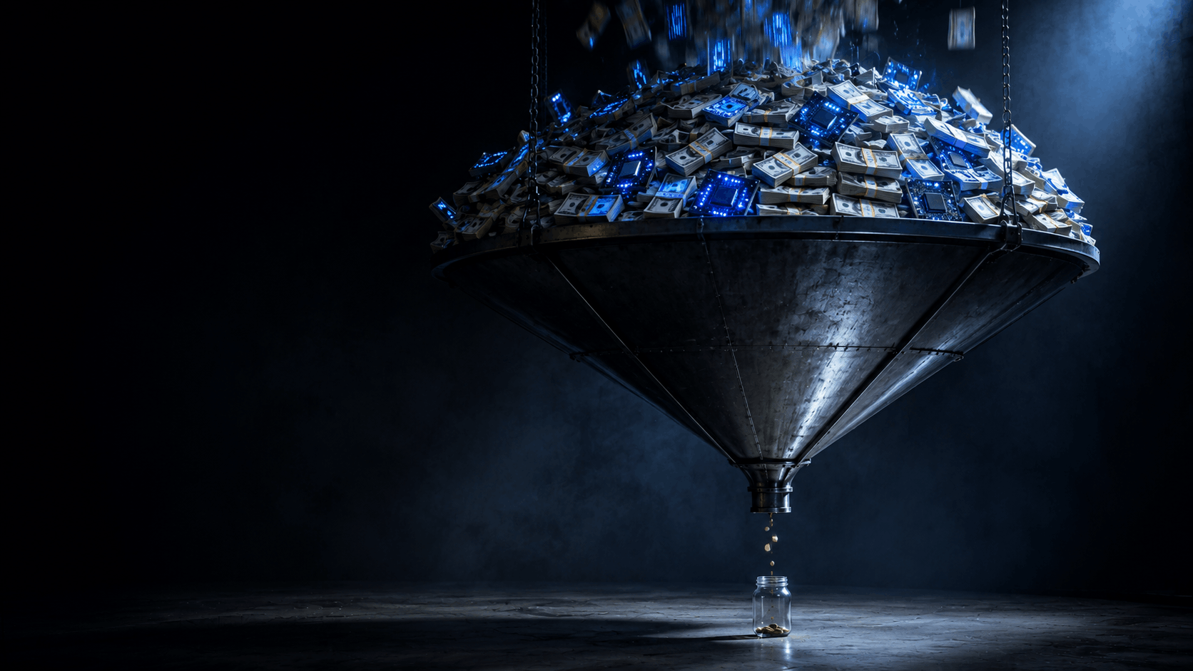 Industrial wealth cascade with tech glow